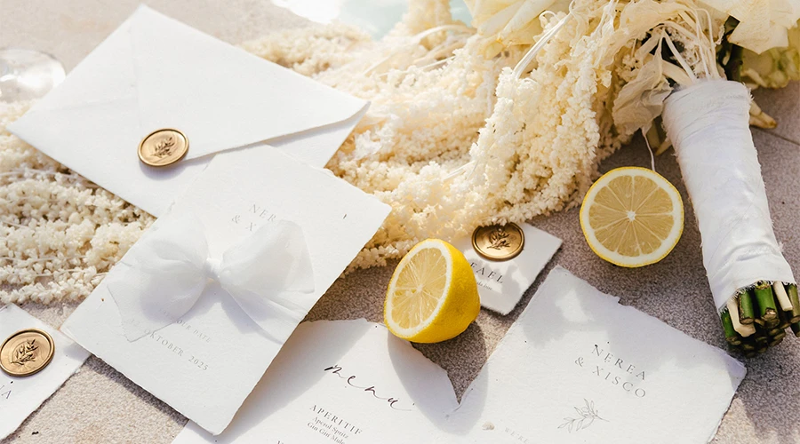 Wedding flat lay with invitations, lemons and bouquet